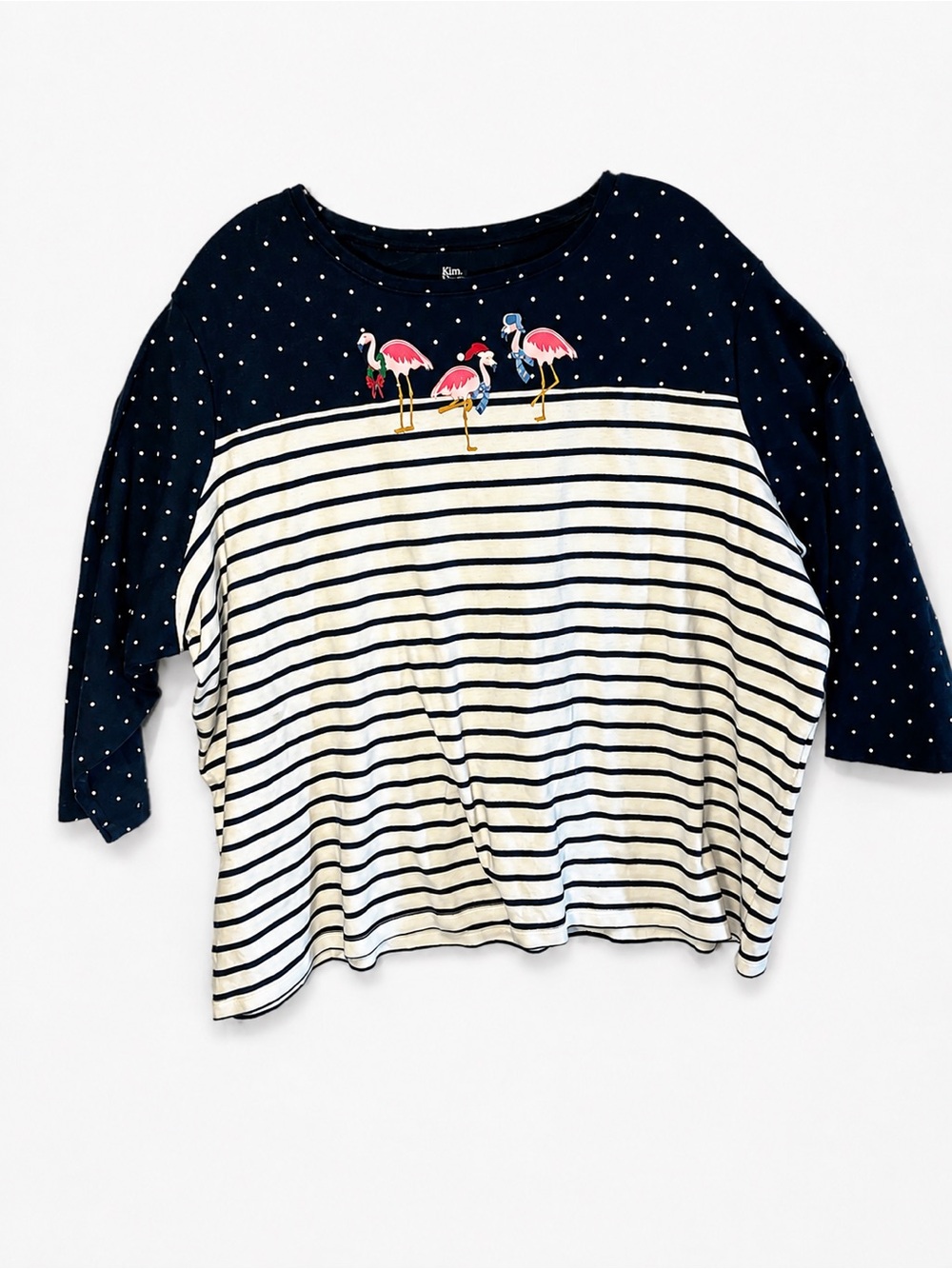Kim Rogers 2X Christmas Flamingo Striped Polka Dot 3/4 Sleeve Top